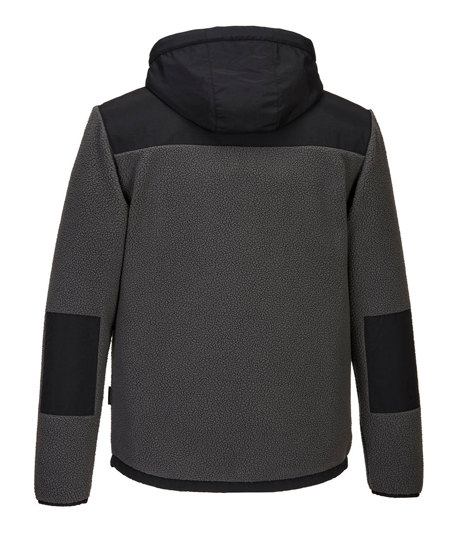 Back of Portwest KX3 Borg Fleece in black with black panel over shoulders, patches on elbows and outer hood.