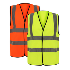 Orange and Yellow Hi vis vest with two waist bands and shoulder bands. Velcro fasten.