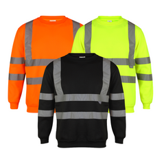 Orange ,Black and Yellow Hi vis crew neck sweatshirt. Sweatshirts have two hi vis waist bands and hi vis shoulder bands.