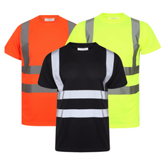 Orange ,Black and Yellow Hi vis crew neck t-shirt. T-Shirts have two hi vis waist bands and hi vis shoulder bands.