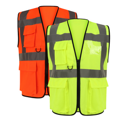 Orange and Yellow Hi vis executive vest with two waist bands and shoulder bands. Zip fasten, Front pockets, D loop and Id badge holder. 