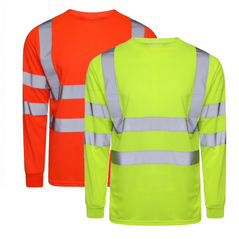 Orange and Yellow Hi vis crew neck long sleeve t-shirt. T-Shirts have two hi vis waist bands and hi vis shoulder bands.
