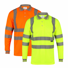 Orange and Yellow Hi vis polo shirt long sleeve with grey accents on the collar and wrist cuff. Polo Shirts have two hi vis waist bands and hi vis shoulder bands.