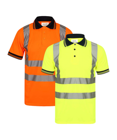 Yellow and Orange Hi vis polo shirt short sleeve with navy accents on the collar and wrist cuff. Polo Shirts have two hi vis waist bands and hi vis shoulder bands.