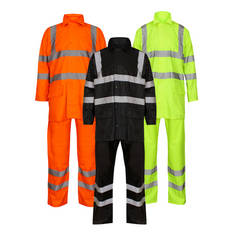 Orange ,Black and Yellow Hi vis PU rainsuit. Rainsuits are composed of trousers and a jacket. Jackets have two hi vis waist bands and hi vis shoulder bands, Trousers have two hi vis ankle bands.
