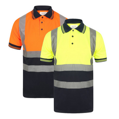 Yellow and Orange Hi vis polo shirt short sleeve with navy accents on the collar, Bottom of the shirt and wrist cuff. Polo Shirts have two hi vis waist bands and hi vis shoulder bands.