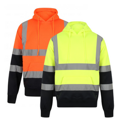Orange and Yellow Hi vis hooded sweatshirt with two tone navy accents on the lower arms and bottom of sweatshirt. Sweatshirts have a large front pocket, two hi vis waist bands and hi vis shoulder bands.