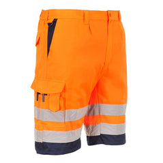 Portwest Hi-Vis Lightweight Polycotton Shorts in orange with navy inside of hip pockets and hem at bottoms of legs, Pockets at hips and on side of leg, reflective strips on legs and button and zip fastening on front.