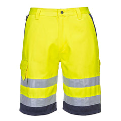 Portwest Hi-Vis Lightweight Polycotton Shorts in yellow with navy inside of hip pockets and hem at bottoms of legs, Pockets at hips and on side of leg, reflective strips on legs and button and zip fastening on front.
