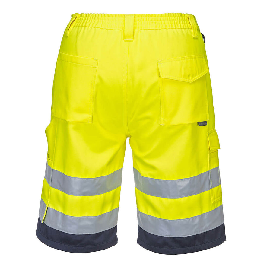 Back of Portwest Hi-Vis Lightweight Polycotton Shorts in yellow with navy hem at bottoms of legs, Pockets on bottom and on sides of leg, reflective strips on legs and belt loops on elasticated waist band.