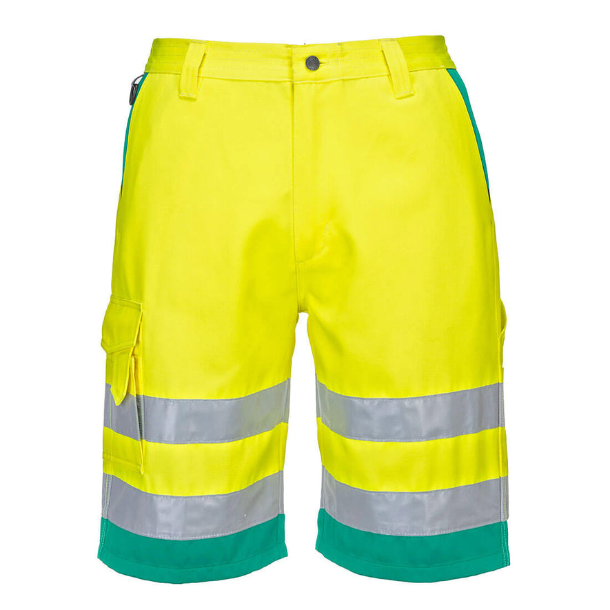 Portwest Hi-Vis Lightweight Polycotton Shorts in yellow with teal inside of hip pockets and hem at bottoms of legs, Pockets at hips and on side of leg, reflective strips on legs and button and zip fastening on front.