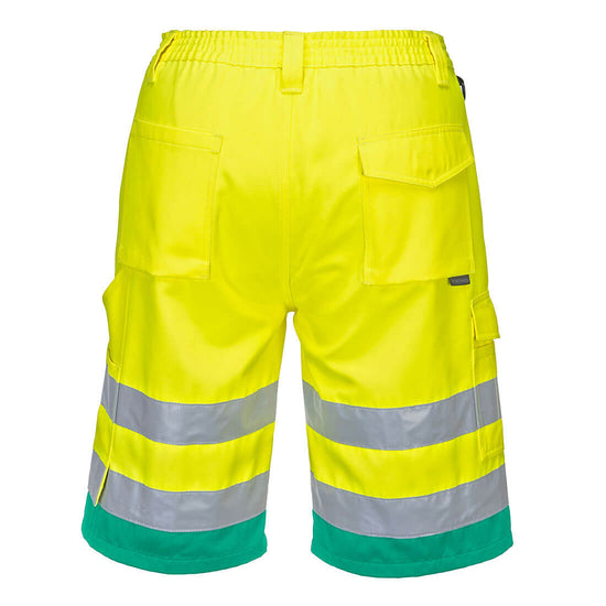 Back of Portwest Hi-Vis Lightweight Polycotton Shorts in yellow with teal hem at bottoms of legs, Pockets on bottom and on sides of leg, reflective strips on legs and belt loops on elasticated waist band.