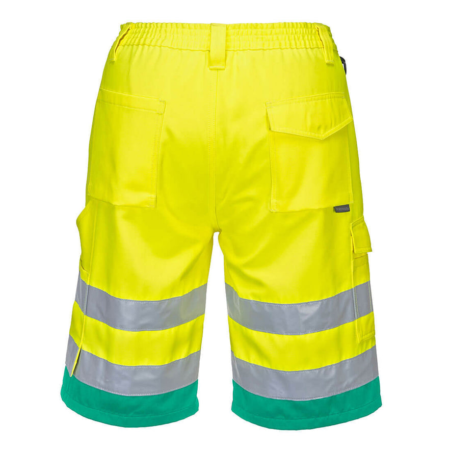 Back of Portwest Hi-Vis Lightweight Polycotton Shorts in yellow with teal hem at bottoms of legs, Pockets on bottom and on sides of leg, reflective strips on legs and belt loops on elasticated waist band.