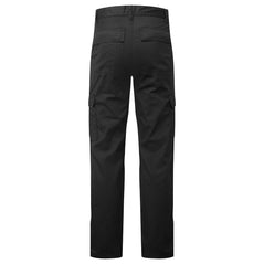 Back of Portwest Lightweight Combat Trousers in black with belt loops on waist bands and pockets on sides of both legs and bottom.