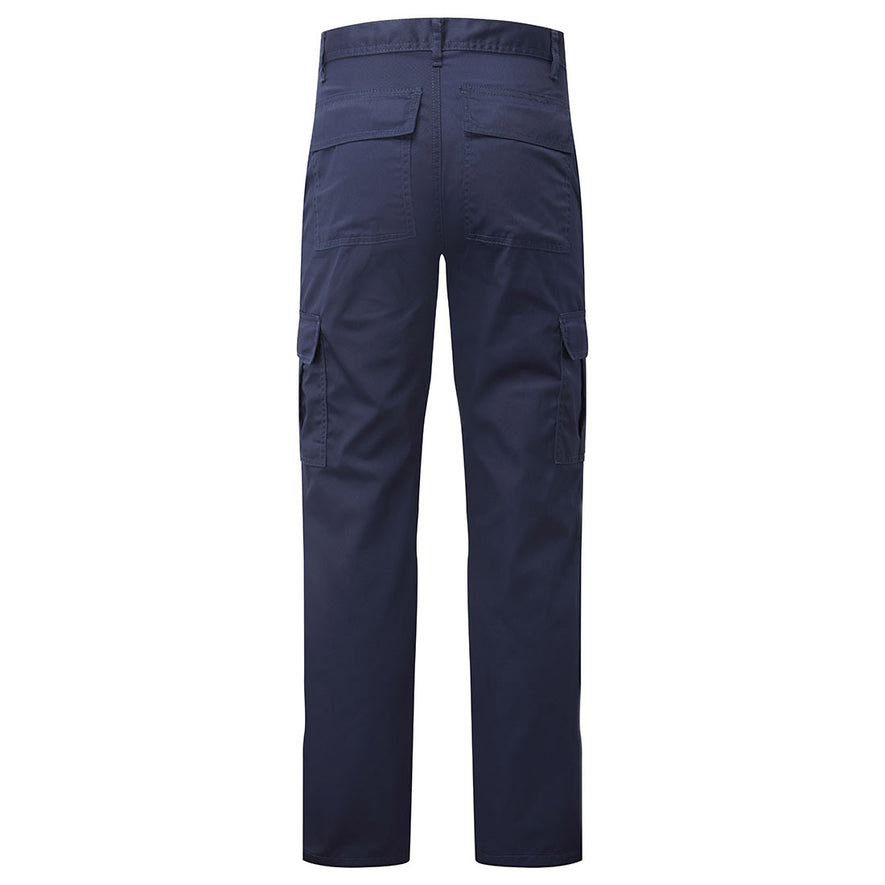 Back of Portwest Lightweight Combat Trousers in navy with belt loops on waist bands and pockets on sides of both legs and bottom.