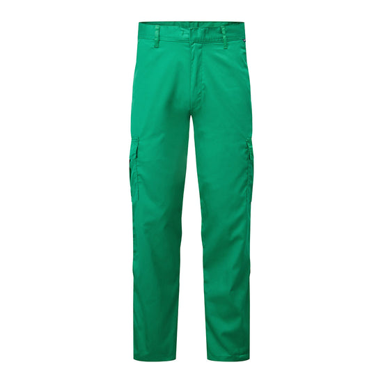 Portwest Lightweight Combat Trousers in teal with zip fastening, belt loops on waist bands and pockets on sides of both legs.