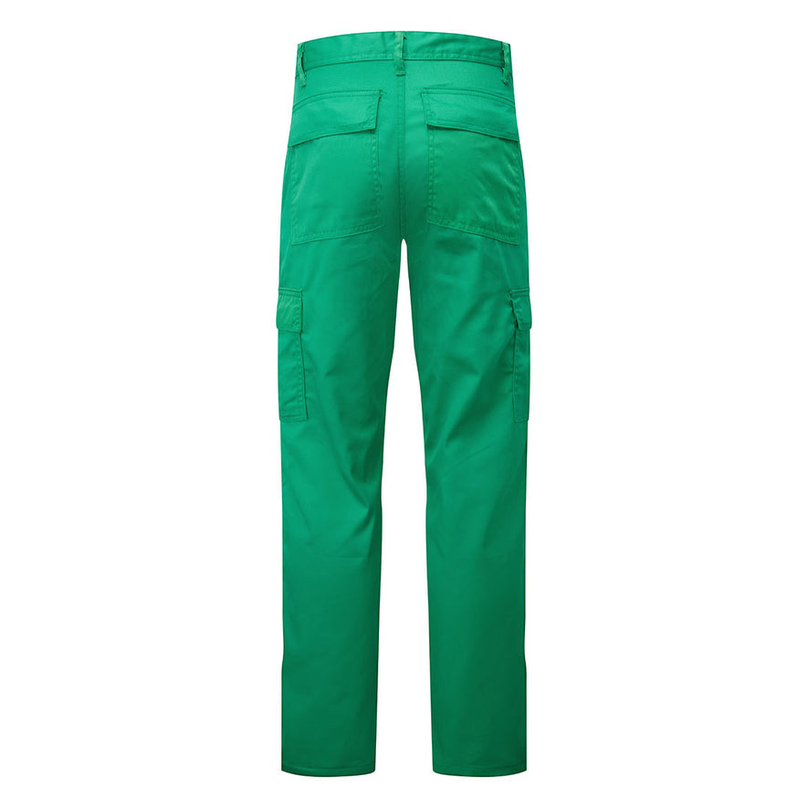 Back of Portwest Lightweight Combat Trousers in teal with belt loops on waist bands and pockets on sides of both legs and bottom.