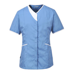 Portwest Modern tunic, blue Tunic with white trim around neck, pockets and sleeves. Tunics have two side pockets.