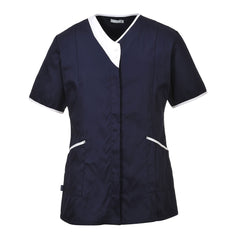 Portwest Modern tunic, Navy Tunic with white trim around neck, pockets and sleeves. Tunics have two side pockets.