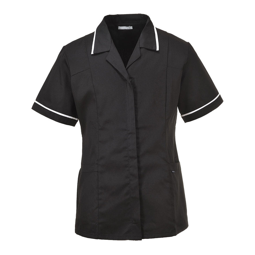 Black classic healthcare tunic with white stripes.