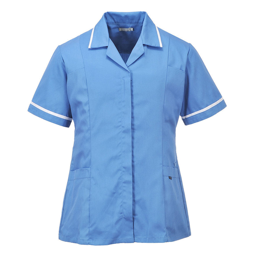 Blue classic healthcare tunic with white stripes.