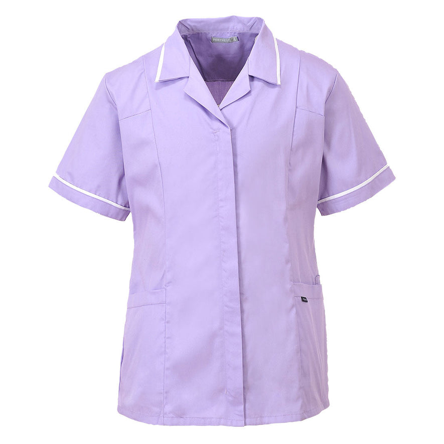 Lilac classic healthcare tunic with white stripes.