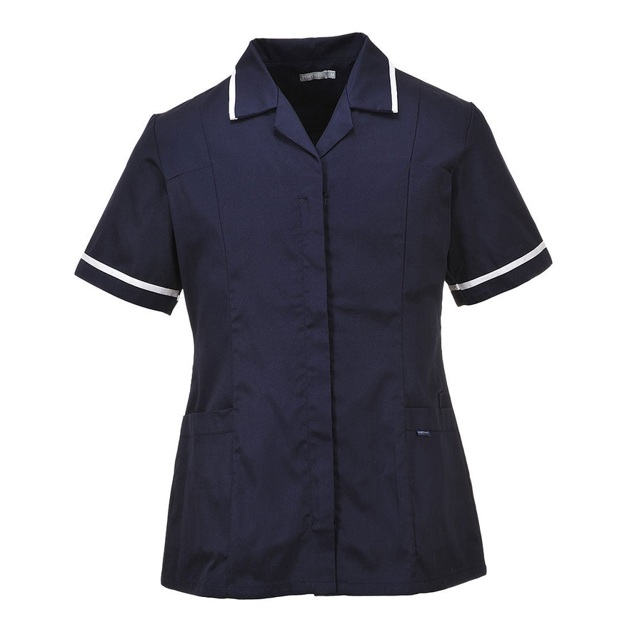 Navy classic healthcare tunic with white stripes.