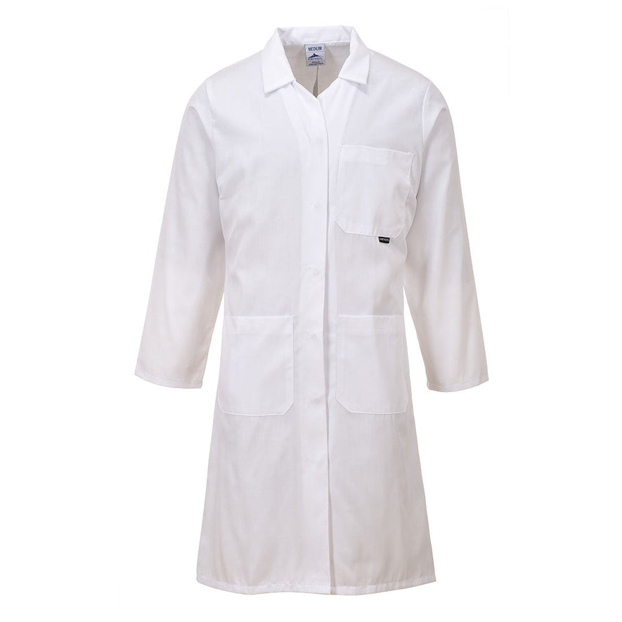 White Portwest Ladies Coat with collar and low neck and pocket on left breast