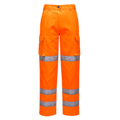 Orange ladies hi vis three band combat trousers. trousers have cargo style pockets and three reflective bands. Bands are on the ankles and knee area.