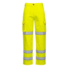 Yellow ladies hi vis three band combat trousers. trousers have cargo style pockets and three reflective bands. Bands are on the ankles and knee area.