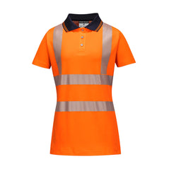 Portwest Pro Ladies Polo shirt. Shirt is hi vis orange with a Black collar. Shirt has hi vis bands on the body and shoulders.