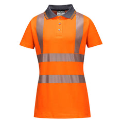 Portwest Pro Ladies Polo shirt. Shirt is hi vis orange with a grey collar. Shirt has hi vis bands on the body and shoulders.