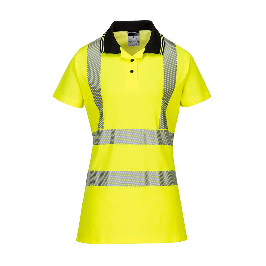 Portwest Pro Ladies Polo shirt. Shirt is hi vis Yellow with a black collar. Shirt has hi vis bands on the body and shoulders.