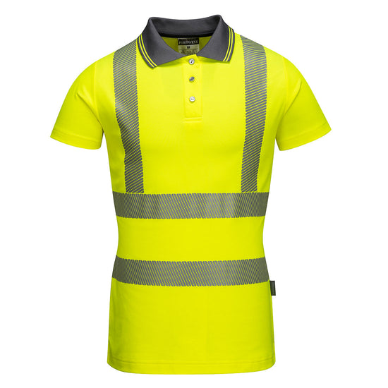 Portwest Pro Ladies Polo shirt. Shirt is hi vis yellow with a grey collar. Shirt has hi vis bands on the body and shoulders.