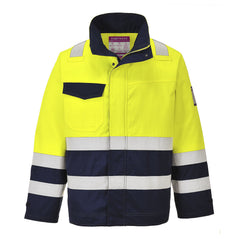 Hi Vis Modaflame jacket in yellow and navy. Jacket has navy contrast on the bottom of the jacket and sleeves. Hi vis bands on the shoulders, arms and body as well as a pocket on the chest.