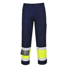 Navy and yellow hi vis modaflame trousers with kneepad and cargo pockets. Two hi vis ankle bands and yellow contrast area at the bottom of the trouser.