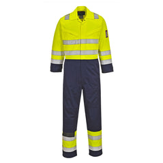 Yellow and navy Hi Vis Modaflame coverall. Coverall has hi vis bands on the ankles, arms, body and shoulders. Coverall has navy contrast on the legs and bottom of the arms. Coverall also has zip chest pockets as well as pockets for kneepads.