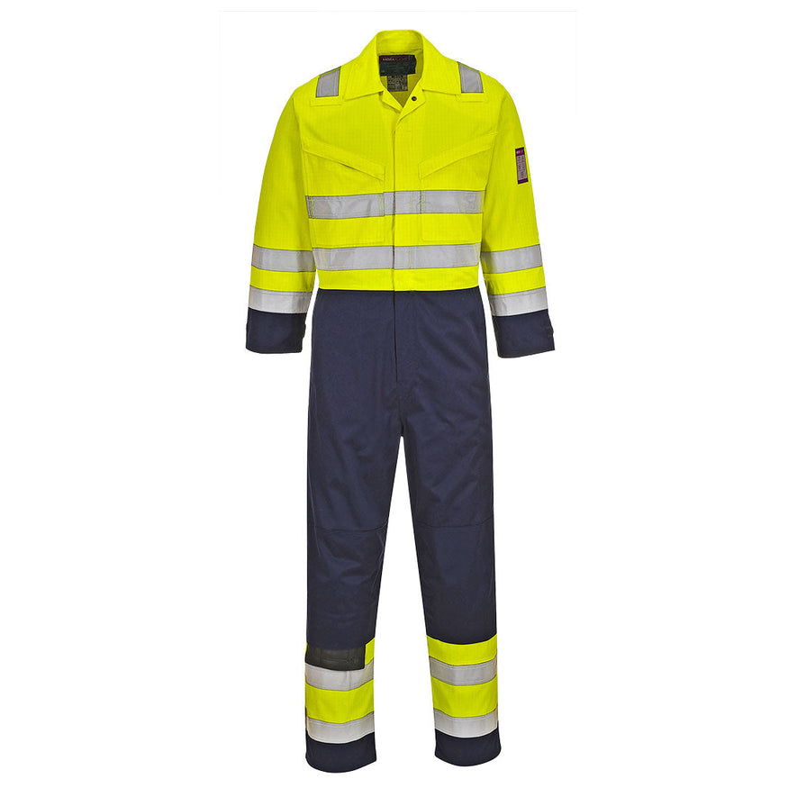 Yellow and navy Hi Vis Modaflame coverall. Coverall has hi vis bands on the ankles, arms, body and shoulders. Coverall has navy contrast on the legs and bottom of the arms. Coverall also has zip chest pockets as well as pockets for kneepads.