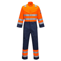 Orange Modaflame RIS Coverall. Coverall has two side pockets, kneepad pockets and hi vis bands on the knee and ankle of the trousers. Navy contrast on the bottom of the sleeve, lower body and ankles.