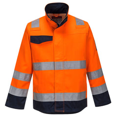 Orange Modaflame RIS jacket. Jacket has a chest pockets, Pen loop on both sides, side pockets and hi vis bands on the chest, shoulders and arms. Jacket has navy contrast on the bottom of the jacket, top of chest pocket and bottom of the sleeves.