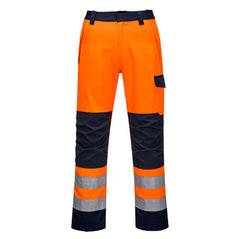 Orange Modaflame RIS trousers. Trousers have two side pockets, kneepad pockets and hi vis bands on the knee and ankle of the trousers. Trousers have navy contrast on the kneepad area, pocket top and ankle.