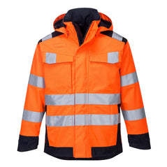 Orange Modaflame Multi Norm Arc rain jacket. Jacket has two chest pockets, Pen loop, side pockets and hi vis bands on the chest, shoulders and arms. Sleeves can be velcro fasten. Jacket has navy contrast on the shoulders and bottom of the jacket and a visible hood.