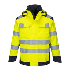 Yellow Modaflame Multi Norm Arc rain jacket. Jacket has two chest pockets, Pen loop, side pockets and hi vis bands on the chest, shoulders and arms. Sleeves can be velcro fasten. Jacket has navy contrast on the shoulders and bottom of the jacket and a visible hood.