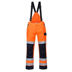 Orange Modaflame Multi Norm Arc rain trousers. Trousers have two side pockets, braces to hold the trousers up and tight, kneepad pockets and hi vis bands on the knee and ankle of the trousers. Trousers have navy contrast on the kneepad area, pocket top and ankle. Braces are black.