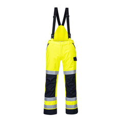 Yellow Modaflame Multi Norm Arc rain trousers. Trousers have two side pockets, braces to hold the trousers up and tight, kneepad pockets and hi vis bands on the knee and ankle of the trousers. Trousers have navy contrast on the kneepad area, pocket top and ankle. Braces are black.