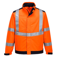 Orange Modaflame Multi Norm Arc Softshell jacket. Jacket has a chest pocket, Pen loop, side pockets and hi vis bands on the chest, shoulders and arms. Sleeves can be velcro fasten. Jacket has navy contrast on the shoulders and bottom of the jacket.