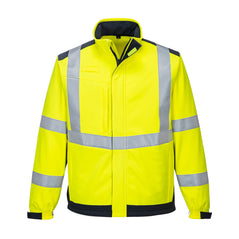 Yellow Modaflame Multi Norm Arc Softshell jacket. Jacket has a chest pocket, Pen loop, side pockets and hi vis bands on the chest, shoulders and arms. Sleeves can be velcro fasten. Jacket has navy contrast on the shoulders and bottom of the jacket.