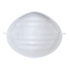 White dust mask with nose clip and elasticated headband.