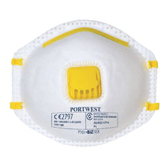 White FFP1 moulded mask with yellow straps, a yellow valve and blue writing.