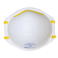 White unvalued FFP1 moulded mask with yellow straps and blue writing.